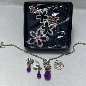 Flowercore Jewelry Lot Purple Crystal Earrings Necklace Rose Pendant Pink Stone